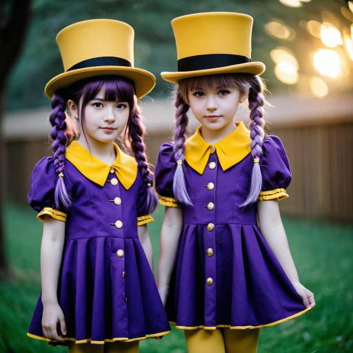 Girls in Purple and Yellow Cosplay Dresses with Top Hats