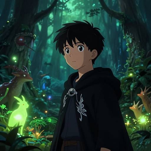Anime-style drawing of a wide-eyed young boy with black hair in a dark cloak, surrounded by glowing mushrooms and bioluminescent creatures in a mystical