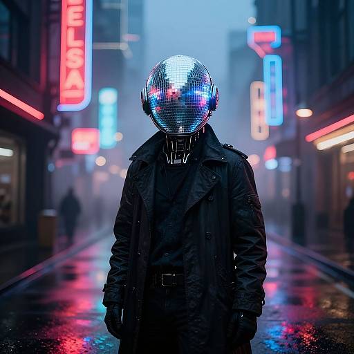 Cyberpunk street scene: Person with reflective silver mask, black coat, standing in neon-lit, rain-soaked alley. Vibrant blue,