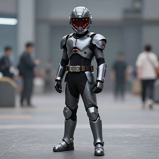 Photorealistic CGI of a futuristic armored figure with red glowing visor, standing in a blurred, industrial background with people.