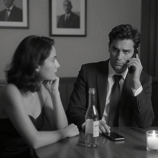 Black-and-white photograph of a serious man in a suit on a phone, seated at a table with a woman in a strapless dress, two framed
