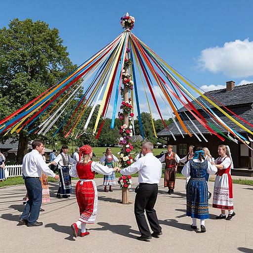 Photograph of a colorful traditional Scandinavian dance with participants in vibrant folk attire, surrounded by a tall, ribbon-decorated pole, under a bright blue