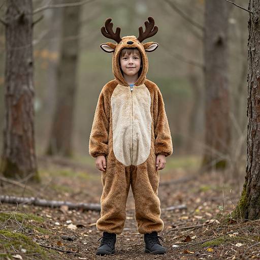 Boy in Reindeer Costume in Forest