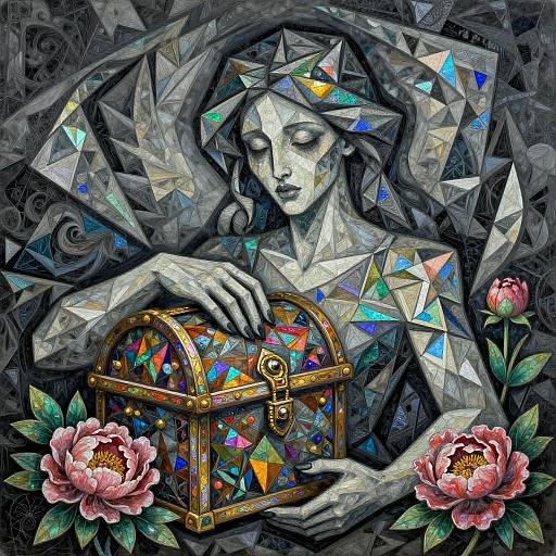 Digital artwork: Ethereal, gray-skinned, gemstone-haired woman with closed eyes, gently touching a colorful, gem-studded treasure chest, surrounded
