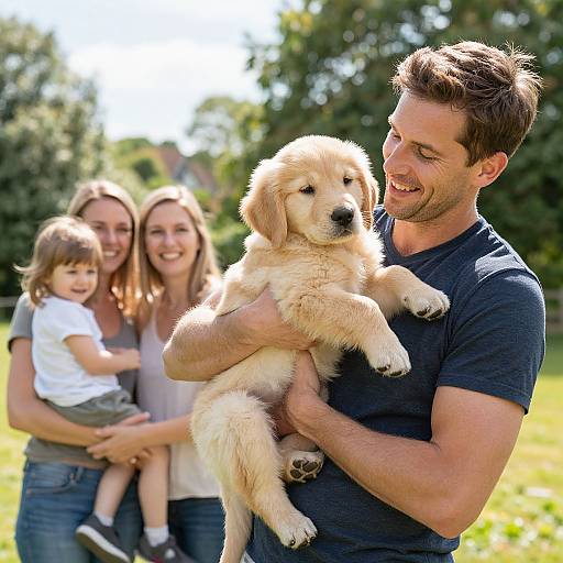 Photograph of a smiling man in a navy shirt holding a golden puppy, with a family of three in the background. Sunlit green park setting,