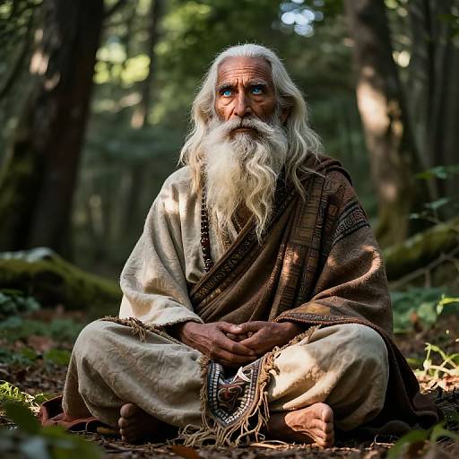 Photograph of an elderly, white-bearded man with blue eyes, sitting cross-legged in a forest, wearing a brown, patterned cloak over beige
