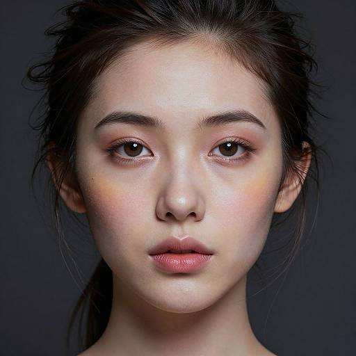 Photorealistic portrait of a young woman with fair skin, dark brown hair, subtle pink blush, and neutral makeup, against a dark background.