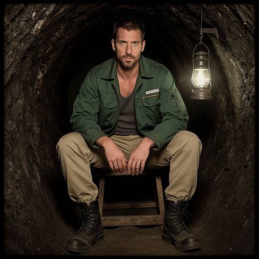 Photograph of a muscular, bearded man with short brown hair, wearing a green jacket, black shirt, khaki pants, and black boots,