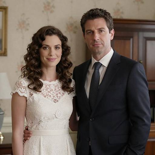 Photograph of a smiling couple; woman in white lace dress, curly brown hair; man in black suit, white shirt, dark tie, standing indoors