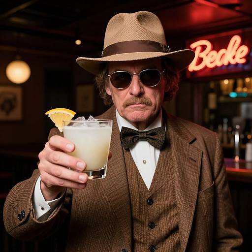 Photograph of a middle-aged man with mustache, brown hat, sunglasses, brown suit, bow tie, holding a cocktail with orange slice, in