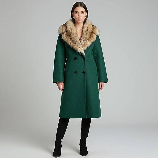 Photograph of a woman with straight black hair, wearing a dark green coat with a brown fur collar, black pants, and black boots, standing against