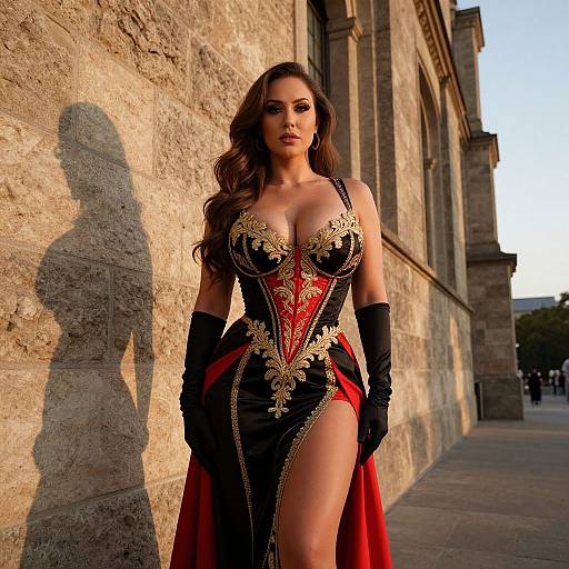 Photograph of a brunette woman with long wavy hair, wearing an ornate black and red corset with gold embroidery, black gloves, and a