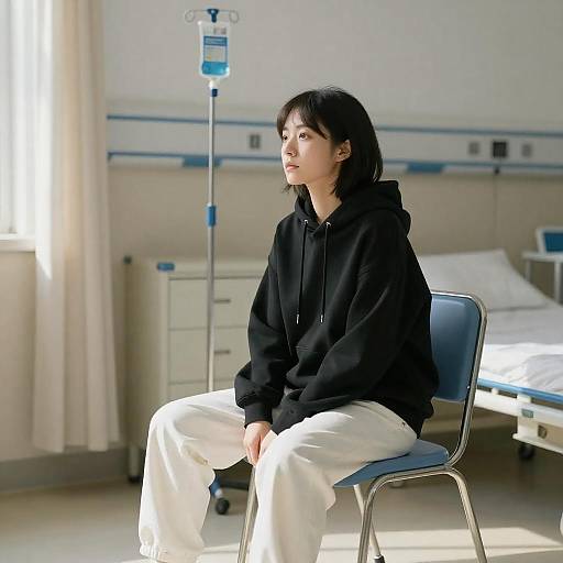 Young Woman Sitting in Hospital Room