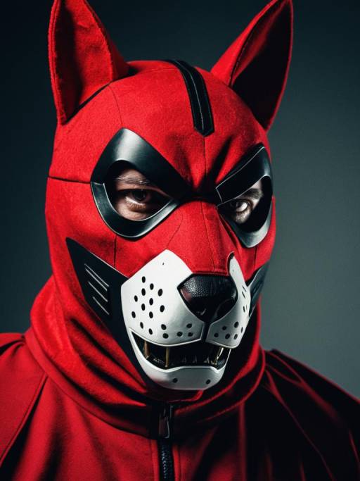 Man in Crimson Dog Mask Costume Close-up