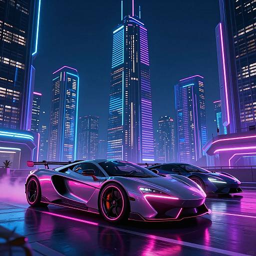 Neon-lit cityscape at night with futuristic skyscrapers and a sleek, silver, neon-accented sports car parked in the foreground.