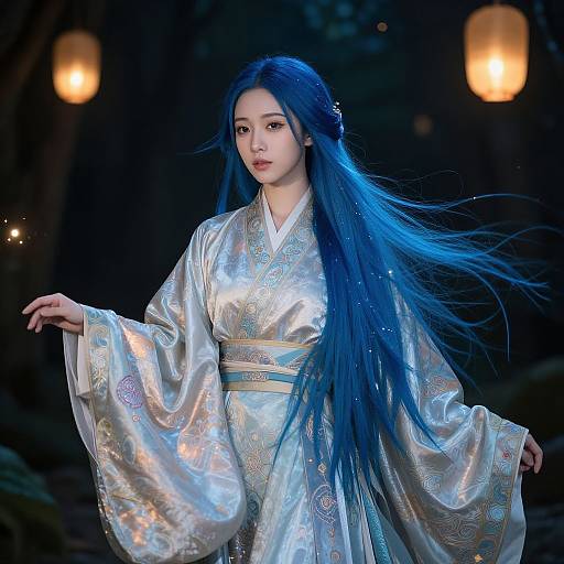 Digital artwork of an Asian woman with long blue hair wearing a shimmering silver kimono, illuminated by glowing lanterns in a dark forest.