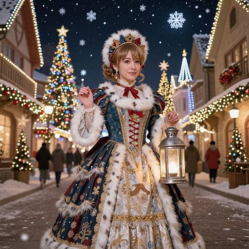 Photograph of a young woman in an elaborate Victorian-style Christmas dress, holding a lantern, standing in a festive, snow-covered street with illuminated buildings and