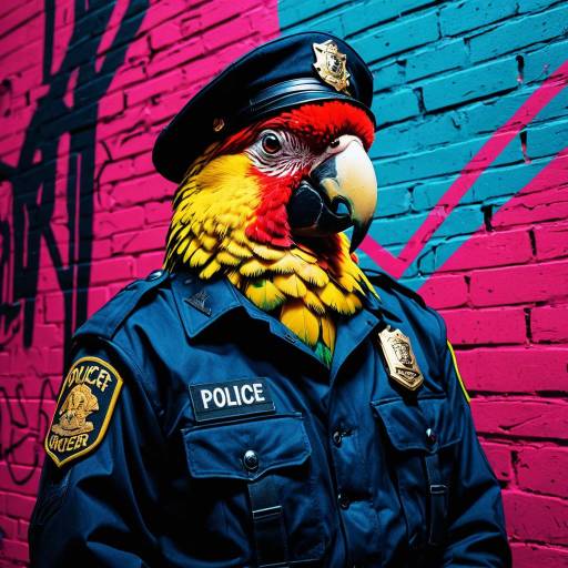 Parrot in Police Uniform with Vaporwave Graffiti Background