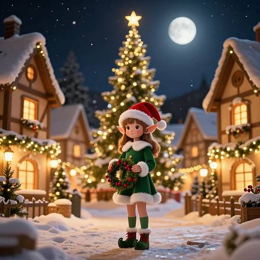 Magical Christmas Elf in Illuminated Village