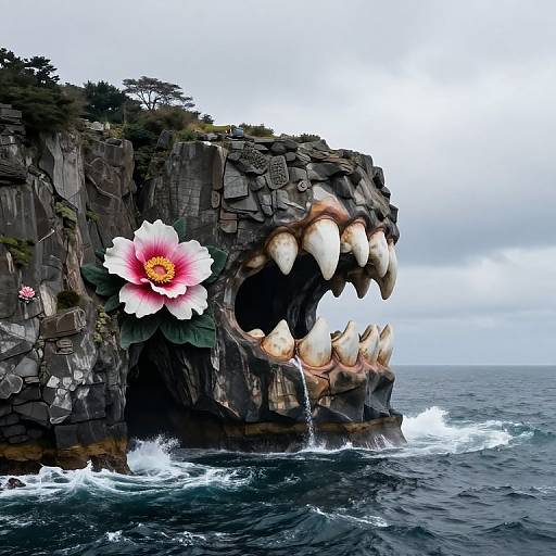 Fantastical photograph of a rocky cliff with a massive, open-mouthed toothy face, a pink flower above, and ocean waves below.