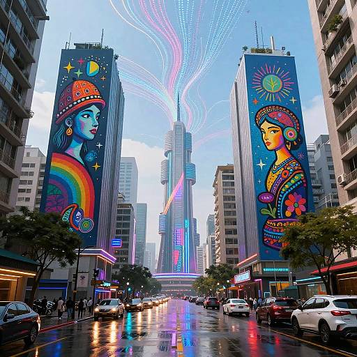 Vibrant urban street photograph with two tall buildings featuring colorful, psychedelic mural portraits of women, surrounded by neon lights and reflections.