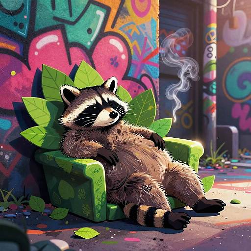 Digital artwork of a relaxed raccoon with a fluffy brown and black fur, lounging in a green leafy chair against vibrant graffiti-covered urban wall,