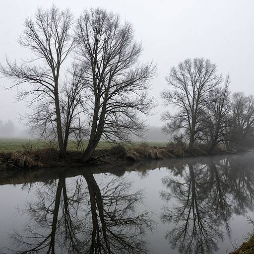 Ethereal Trees Along Misty Riverbank