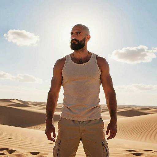 Muscular Bearded Man in Sunlit Desert