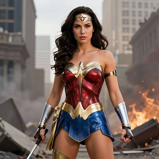 Photograph of Wonder Woman in red bustier, blue skirt, gold tiara, and arm bracelets, standing in a burning, ruined cityscape.