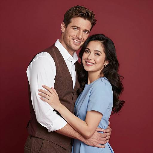 Photograph of a smiling Caucasian man with brown vest and white shirt, hugging a smiling South Asian woman in blue dress, against a red background.