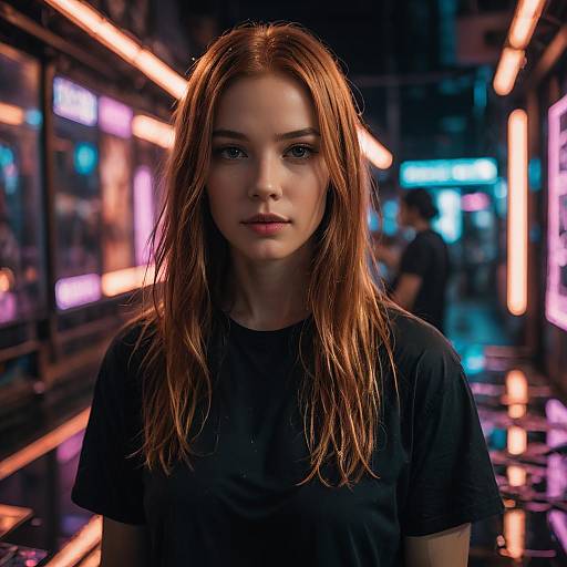 Serene Cyberpunk Portrait with Copper Hair