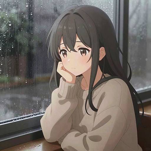 Melancholic Anime Girl by Rainy Window