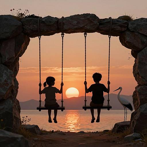 Children Swinging at Sunset Silhouette