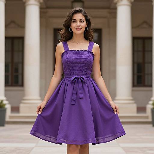 Photograph of a smiling woman with wavy brown hair, wearing a purple, sleeveless, knee-length dress with a bow, standing in front of