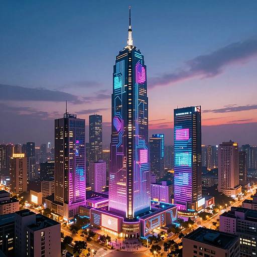 Cybernetic Neon Cityscape at Dusk