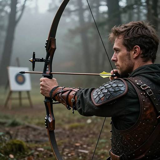 Photograph of a bearded man in medieval archery gear, aiming a bow with a yellow arrow in a misty forest. Target visible in the