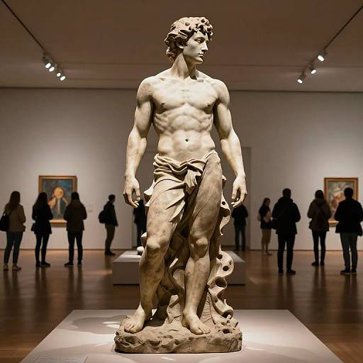 Photograph of a classical marble statue of a nude, muscular male with curly hair and draped cloth, standing in a well-lit art museum with sil