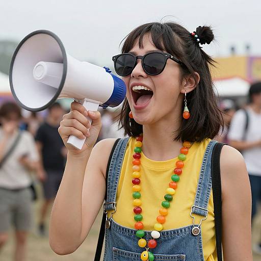 Photograph of a young woman with black hair, sunglasses, yellow shirt, denim overalls, colorful bead necklace, shouting into a white megaphone