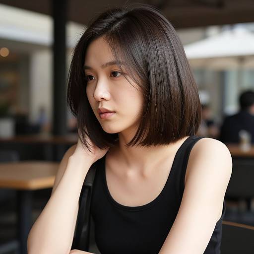 Photograph of a young Asian woman with a sleek, shoulder-length black bob, wearing a black tank top, seated indoors, softly lit, with a