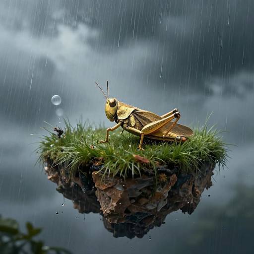 Photograph of a detailed, golden grasshopper on a floating patch of mossy grass in a rainy, cloudy sky. Droplets of water visible