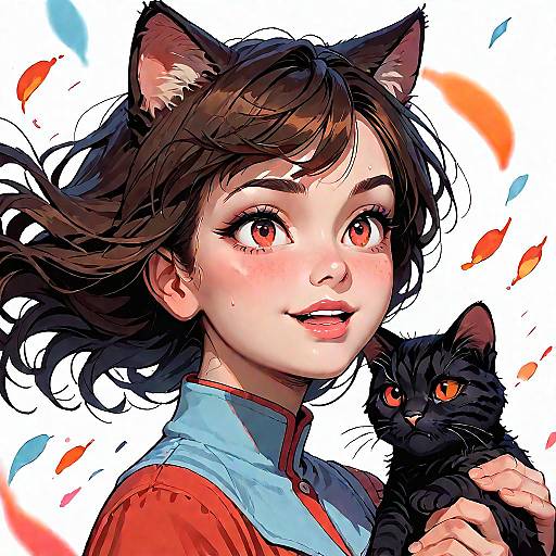 Digital anime-style drawing of a cute, brown-haired girl with cat ears, red eyes, and a red shirt, holding a black cat with orange eyes
