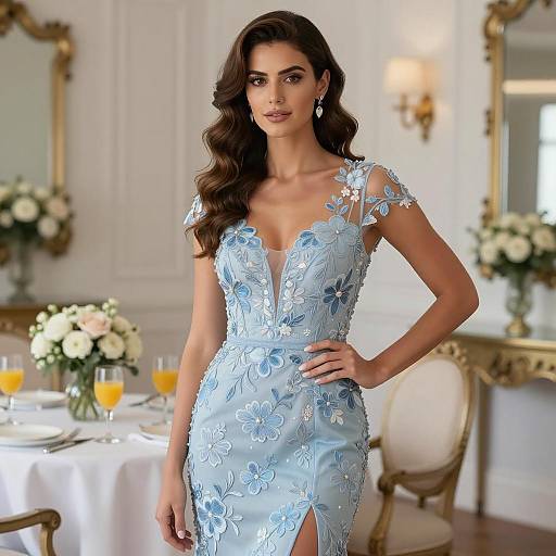 Elegant Woman in Blue Floral Dress at Cocktail Party