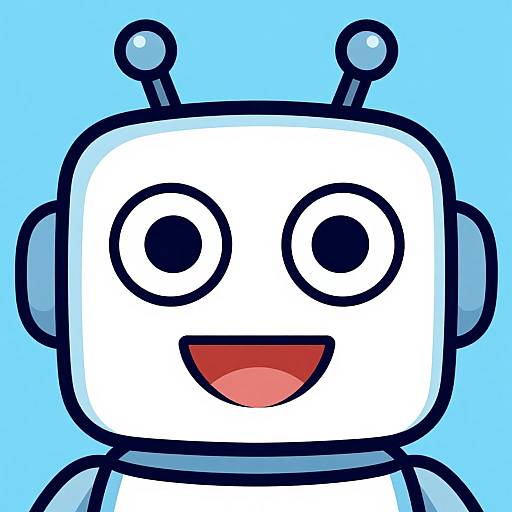 Cartoon-style digital drawing of a white, boxy robot with large black eyes, red open mouth, two blue antennae, and blue headphones,