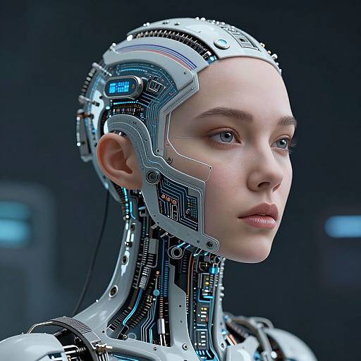 Photorealistic CGI of a young woman with a cybernetic head, featuring intricate circuitry and glowing blue lights, against a dark, futuristic background