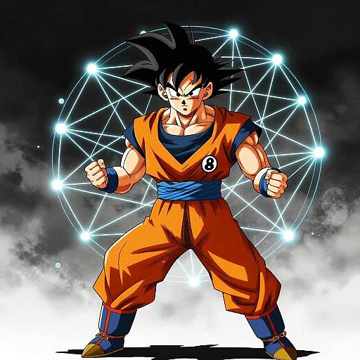 Digital illustration of Goku, an anime-style warrior with spiky black hair, in orange gi and blue belt, standing powerfully in front of a glowing