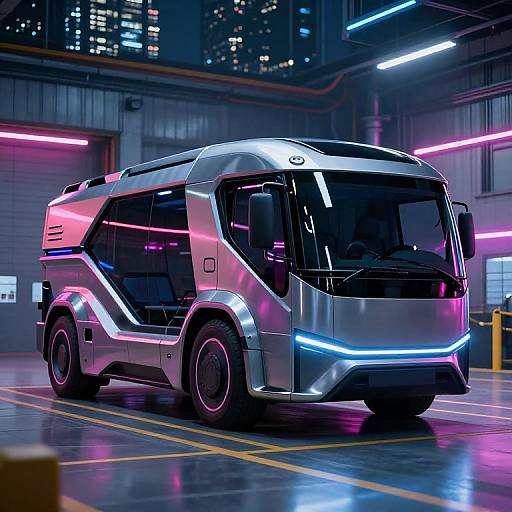 Futuristic silver self-driving minivan with neon pink, blue, and purple lights, parked in a high-tech, neon-lit industrial garage.