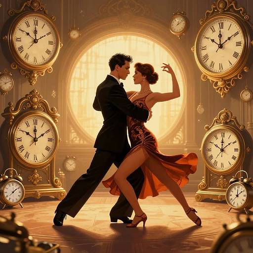 Glamorous dance couple in vintage attire, mid-waltz, surrounded by ornate, glowing clocks in a luxurious, golden-lit room.