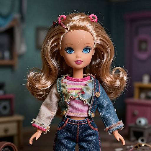 Photorealistic doll with long brown hair, blue eyes, denim overalls, pink-striped shirt, and pink hair clips, in a blurred room.