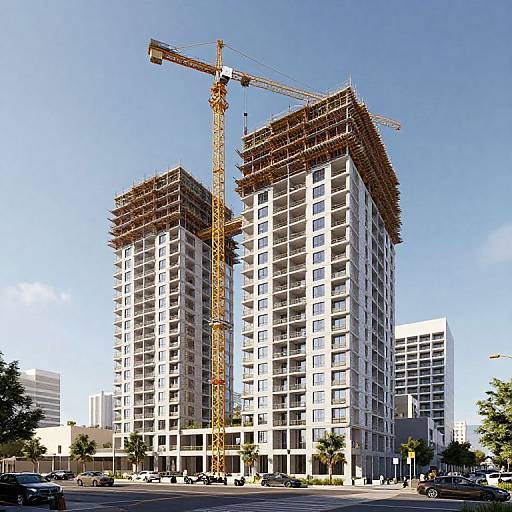 Photograph of two tall, white high-rise buildings under construction, with a yellow crane in between, clear blue sky, and surrounding urban landscape.