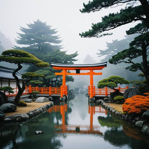 Tranquil Japanese Garden with Orange Torii Gate